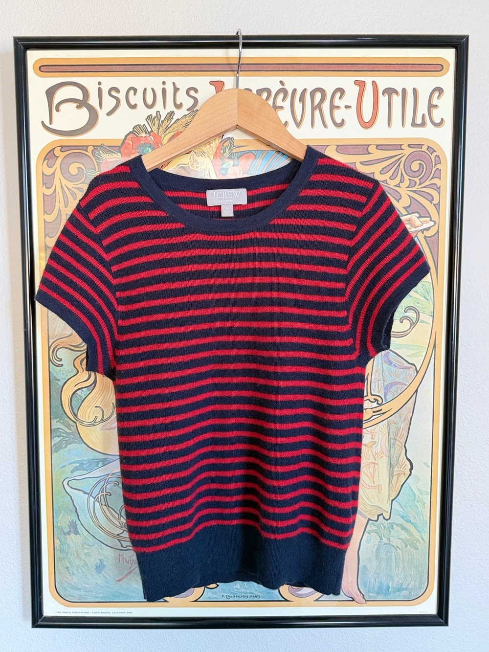 J. Crew Ribbed Featherweight Cashmere T-shirt in Stripe, Navy/Red - M
